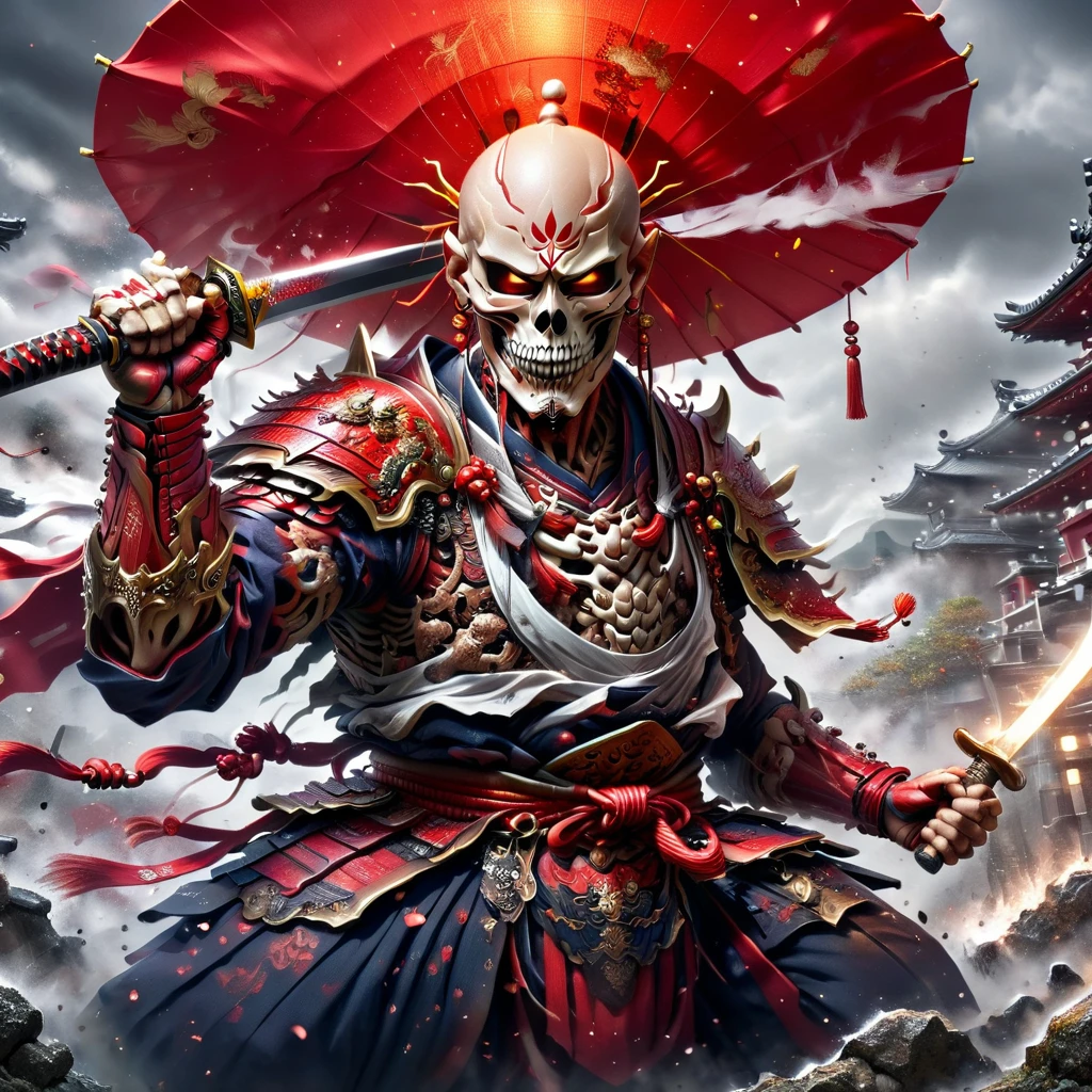 Create ultra-detailed 4K digital images, depicting a skeletal warrior in a red samurai costume.. The drawing should show a determined portrait of a warrior at street level.. Lighting should be dynamic., highlighting complex character details. The overall style should resemble a splash with process colors and deep color tones.. The work should be done in a storybook style and muted colors.. A warrior must have no hair. Please, Recommend the best camera model and lens for shooting art..