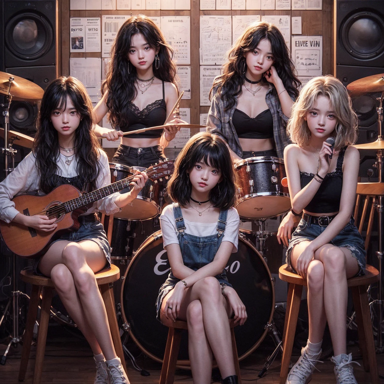 **Photo of 5 beautiful girls, aged 18 to 20, sitting:**
- **3 girls with messy black hair**
- **1 girl with wavy bob black hair**
- **1 girl with a black ponytail**
One girl is playing the drums, one girl is playing the piano, one girl is playing the bass guitar, one girl is playing the guitar, and one girl is singing. They are sitting behind a board with the word "ECHO" written on it. The background is a music studio, complete with drums, guitars, bass guitar, and piano. The image is ultra HD, 4k, photorealistic, raw, and a masterpiece.
