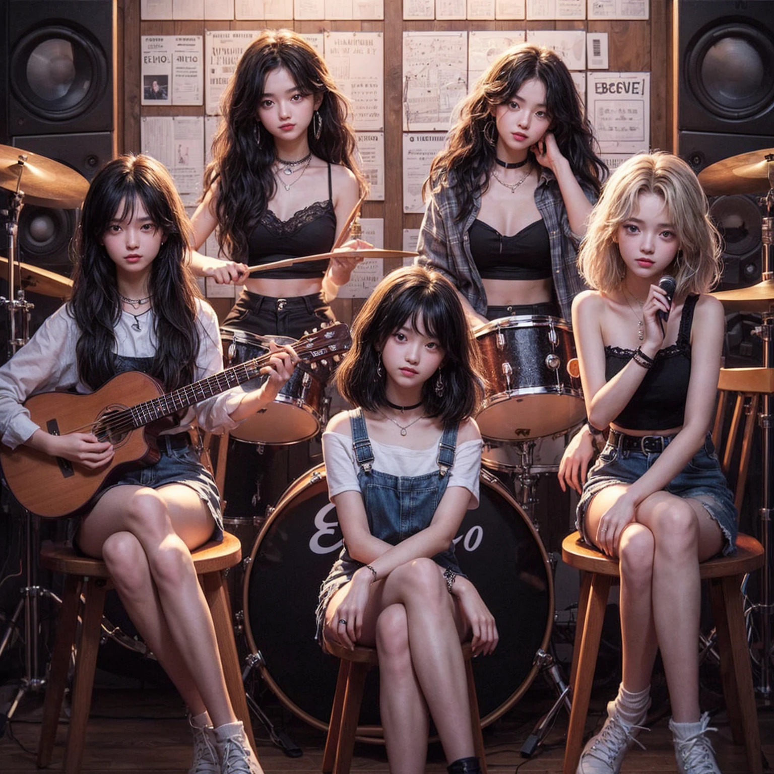 **Photo of 5 beautiful girls, aged 18 to 20, sitting:**
- **3 girls with messy black hair**
- **1 girl with wavy bob black hair**
- **1 girl with a black ponytail**
One girl is playing the drums, one girl is playing the piano, one girl is playing the bass guitar, one girl is playing the guitar, and one girl is singing. They are sitting behind a board with the word "ECHO" written on it. The background is a music studio, complete with drums, guitars, bass guitar, and piano. The image is ultra HD, 4k, photorealistic, raw, and a masterpiece.