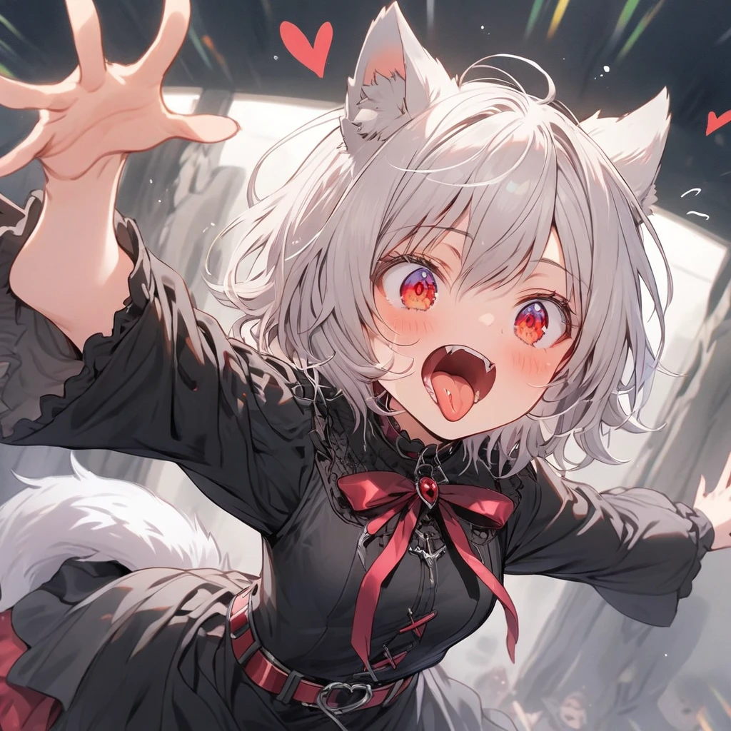 (Silver Hair 1.3),Very Short Hair,Red Eyes,Wolf ears,Wolf Girl Sleepiness mysterious Gothic Black Costume Belt on torso Sticking out tongue excited