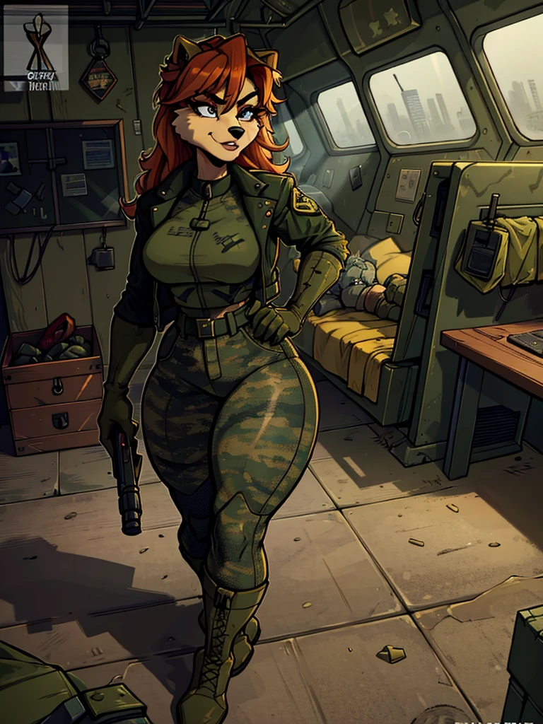 a young furry woman in a camouflage jacket, tactical gloves, camouflage pants, army boots, furry, highly detailed face, beautiful detailed eyes, beautiful detailed lips, extremely detailed eyes and face, long eyelashes, photorealistic, 8k, hyperdetailed, cinematic lighting, dramatic shadows, vibrant colors, gritty military aesthetic, weathered look, grunge, moody atmosphere