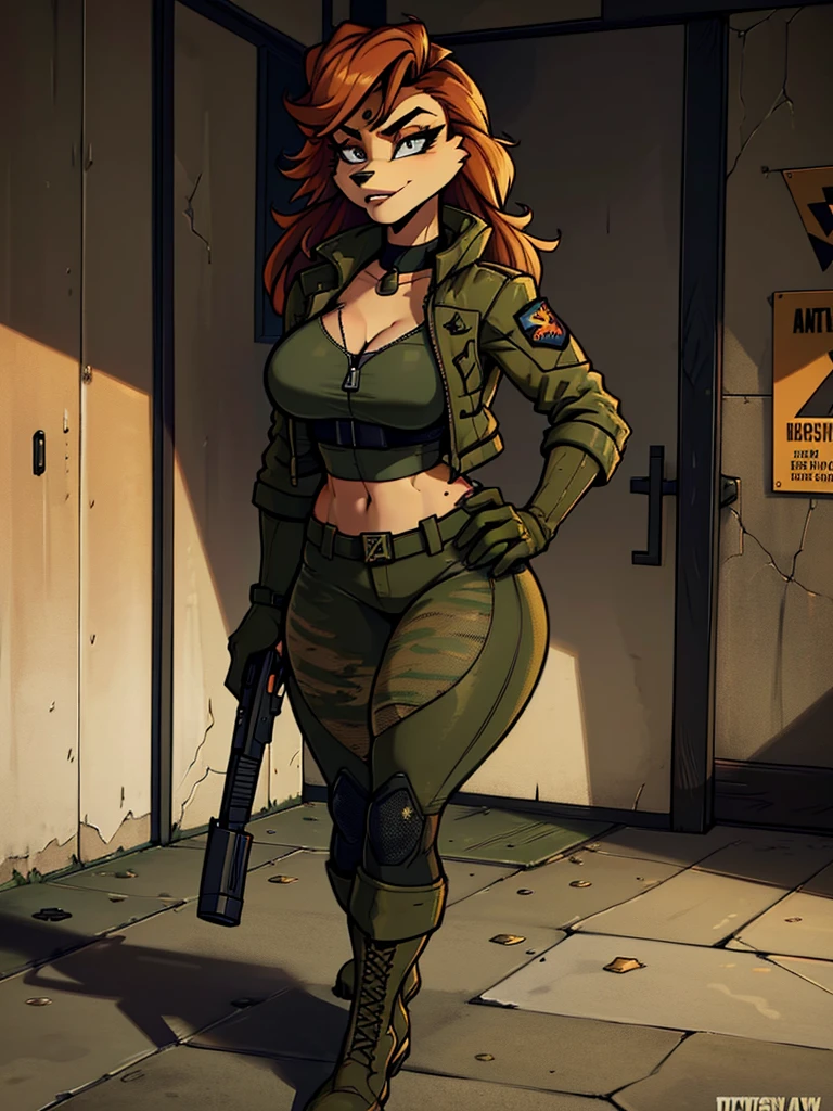 a young furry woman in a camouflage jacket, tactical gloves, camouflage pants, army boots, furry, highly detailed face, beautiful detailed eyes, beautiful detailed lips, extremely detailed eyes and face, long eyelashes, photorealistic, 8k, hyperdetailed, cinematic lighting, dramatic shadows, vibrant colors, gritty military aesthetic, weathered look, grunge, moody atmosphere