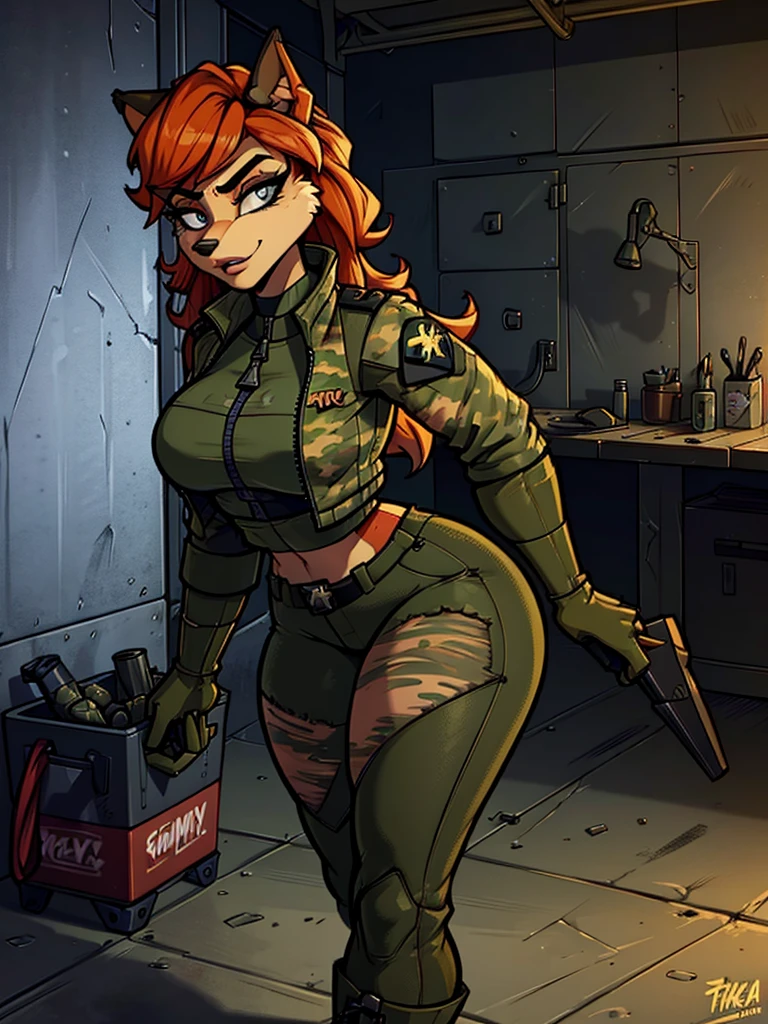 a young furry woman in a camouflage jacket, tactical gloves, camouflage pants, army boots, furry, highly detailed face, beautiful detailed eyes, beautiful detailed lips, extremely detailed eyes and face, long eyelashes, photorealistic, 8k, hyperdetailed, cinematic lighting, dramatic shadows, vibrant colors, gritty military aesthetic, weathered look, grunge, moody atmosphere