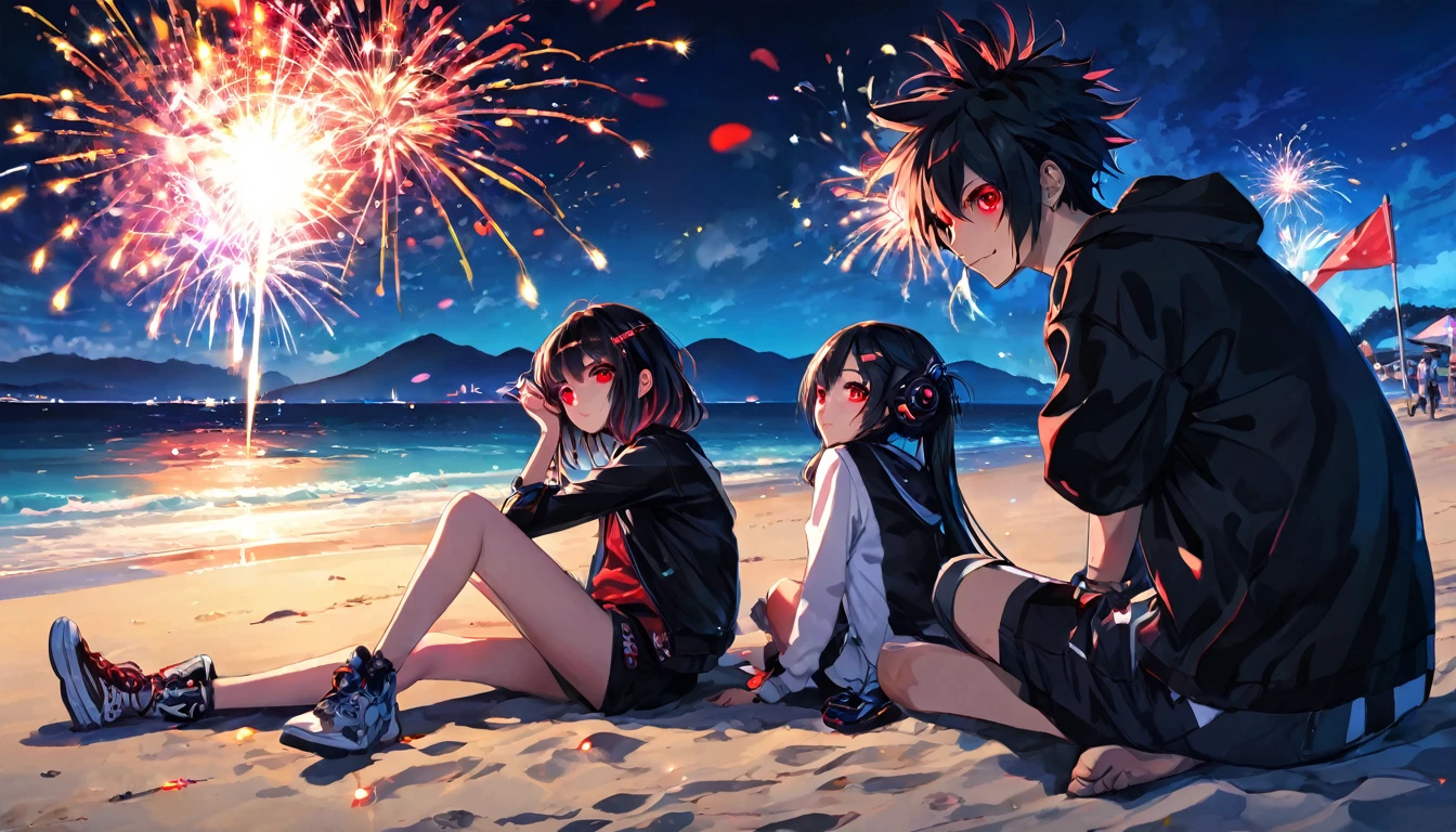 Men and women sitting and playing fireworks、teenager、cyber punk、Red eyes、Glowing Eyes、Beach、Sparkler