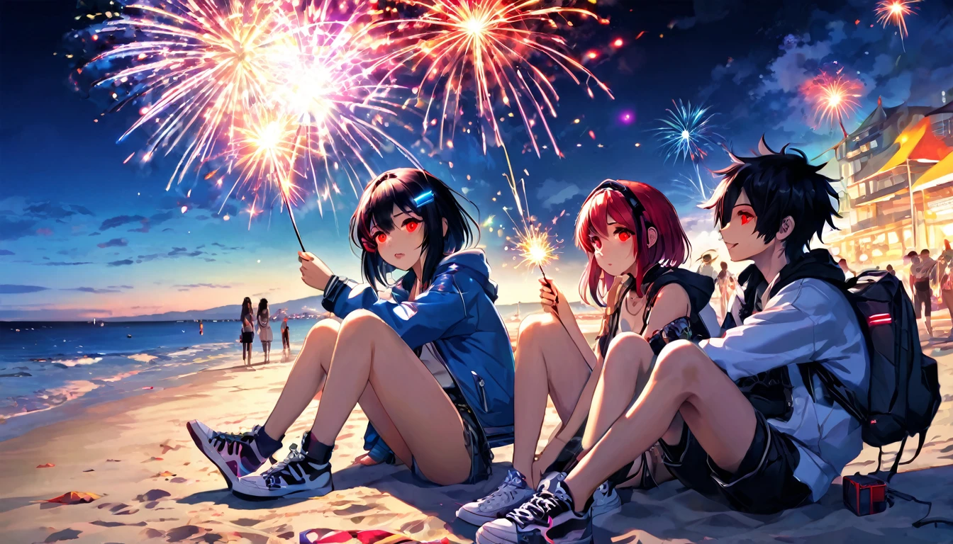 Men and women sitting and playing fireworks、teenager、cyber punk、Red eyes、Glowing Eyes、Beach、Sparkler