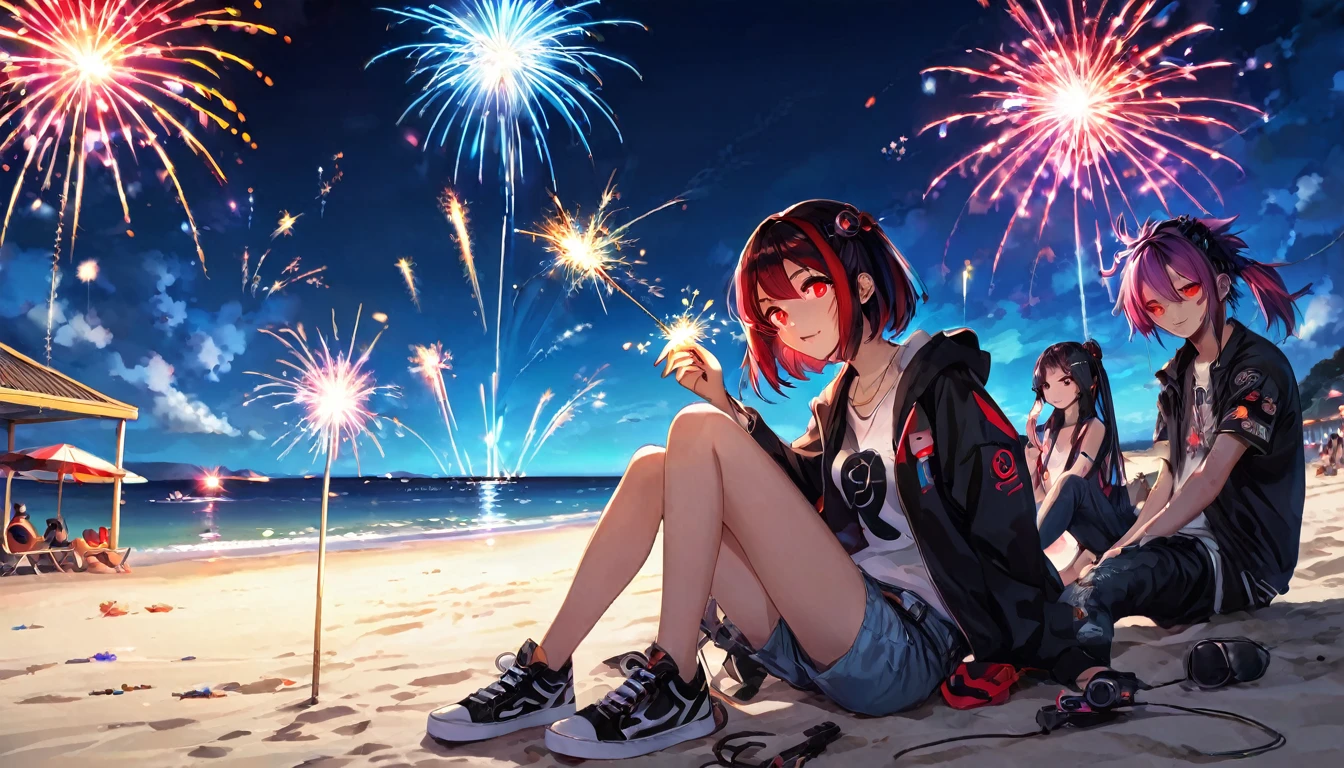 Men and women sitting and playing fireworks、teenager、cyber punk、Red eyes、Glowing Eyes、Beach、Sparkler