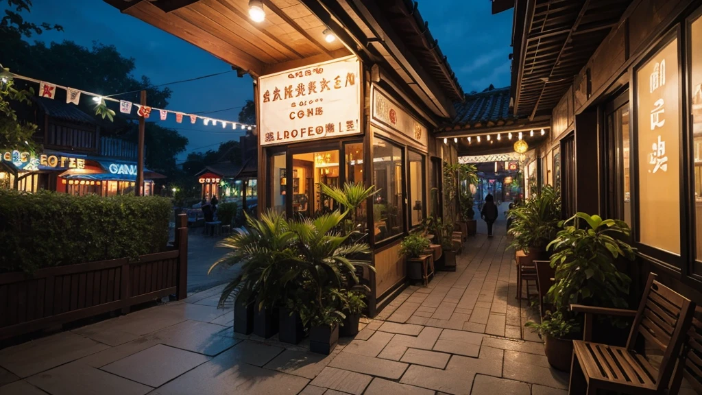 extremely detailed, bohoai coffeehouse, coffee machine, plants, coffee, night time, city lights