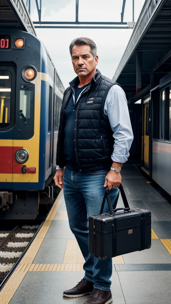 a middle-aged man, healthy and fit, carrying a suitcase, standing at a train station, detailed facial features, sharp focus, cinematic lighting, photorealistic, award winning photograph, dramatic atmosphere, beautiful scenery in the background, intricate details, vibrant colors, natural lighting