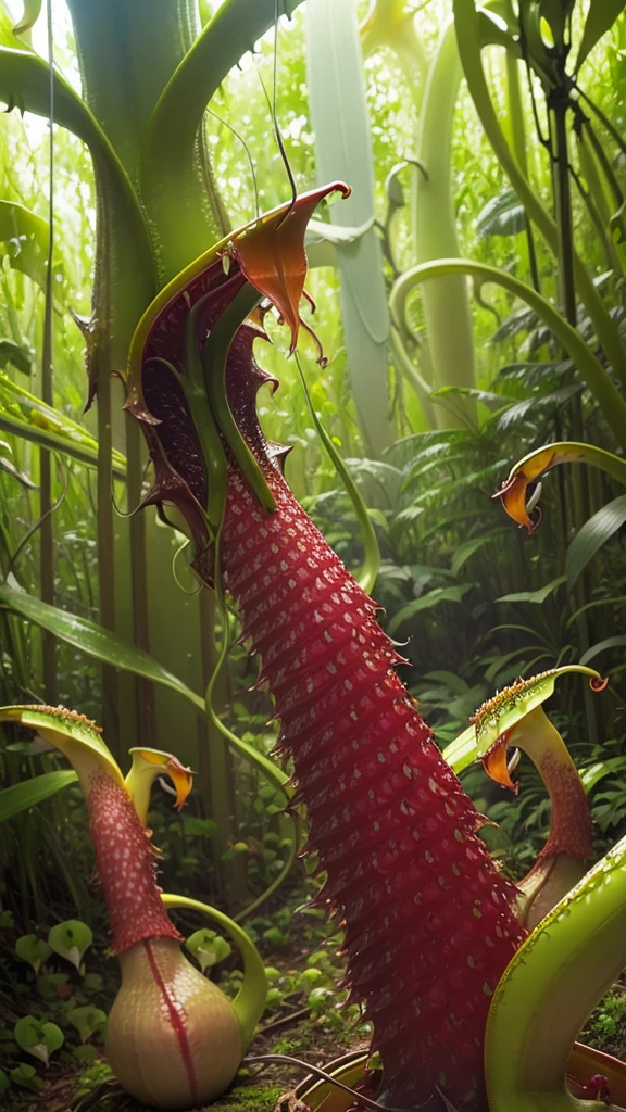 (tropical pitcher plants :1.5),with a large mouth and sharp teeth.,in the forest,