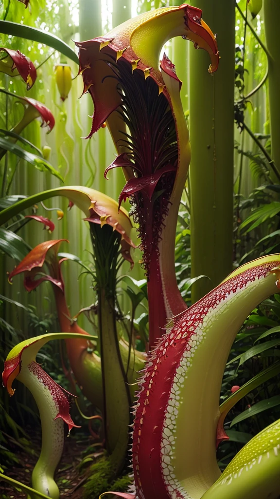 (tropical pitcher plants :1.5),with a large mouth and sharp teeth.,in the forest,