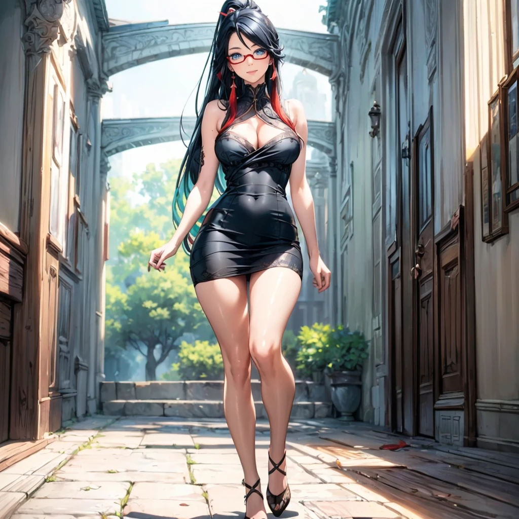 ((1girl, solo)), beautiful body, (perfect anatomy, perfect body, perfect hands, perfect legs), natural proportions, sexy body, large breasts, ((full body, full body front)) BREAK
((extremely detailed face)), (beautiful detailed eyes:1.6), (realistic pupils, realistic iris:1), expressive eyes, looking at viewer, (clear eyes:1.3), (hyperrealistic:1.2), (detailed skin texture:1.2), smooth skin, ((blue eyes)), (black hair:1.3), multicolored hair, two-tone hair, streaked hair, gradient hair, long hair, very long hair, high ponytail, bangs, parted bangs, sidelocks, ((red tassel earrings)), hair ornament, hair stick, glasses, semi-rimless eyewear, red-framed eyewear, ((mature female)), ((little smile)), (detailed lips:1.2), (attractive lips:1.1), (glossy lips:1), (parted lips), perfect face, perfect eyes BREAK
(masterpiece:1.5), anime-style, top quality, best quality, (beautiful and aesthetic:1.2), (ultra detail:1.5), Ultra-detailed depiction, Ultra-precise depiction, extremely detailed 8k illustration, high resolution, (highly detailed shading:1.2), (realistic lighting:1.4), perfect lighting, vibrant colors, dynamic tones, striking hues, 8k, absurd resolution, perfect shadows, hdr, UHD, ambient lighting, realistic, ultra-realistic, photo realistic, highly detailed, rich detail, luminous colors, fine texture, intricate design, professional illustration, (soft light:1.2), (illustration:0.7)