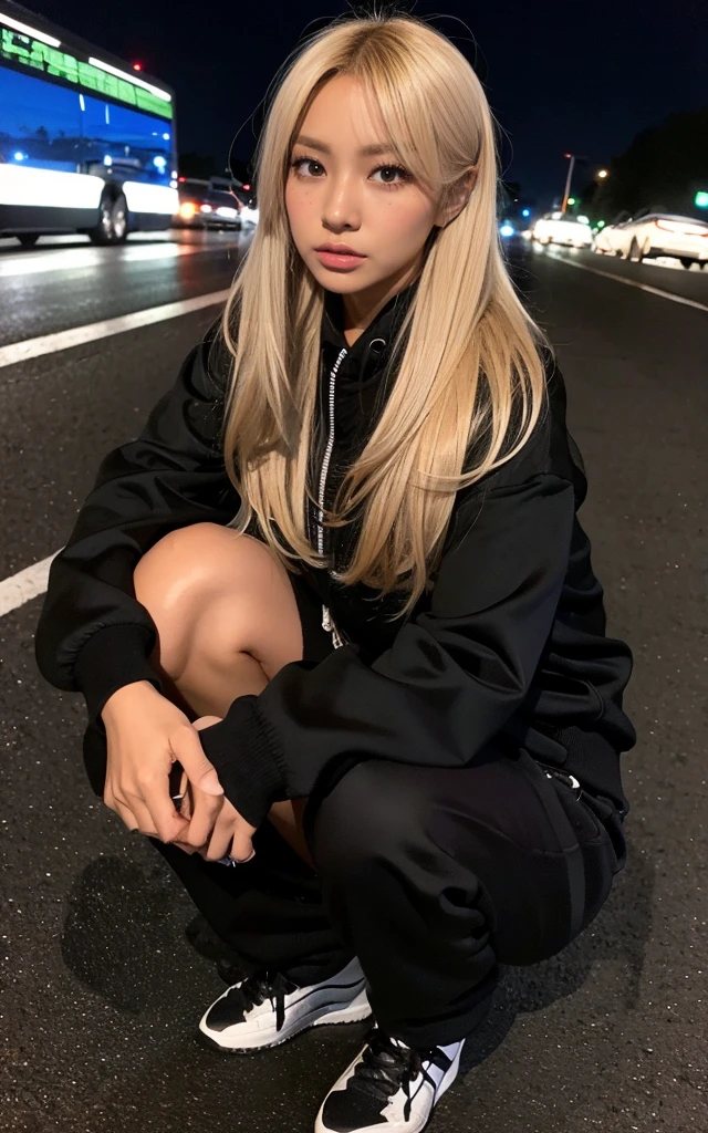 gyaru, dark-skinned, shiny oiled skin, blond hair, wearing black tracksuits, squatting on the road, at night