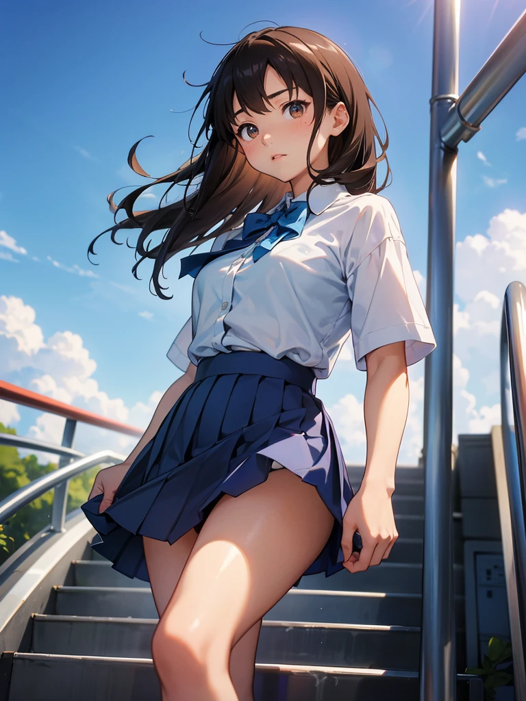 master piece, extremely detailed, high resolution,Makoto Shinkai style、high school girl、1 girl、Upper body only、Short-sleeved shirt、Blue bow tie、Glossy, plump lips、Shiny Hair、Brown Hair、Long Straight Hair、Mid-chest、Narrow waist、Checkered mini skirt、Climbing an escalator、Backwards、Looking up from below、Skirt is held back、Panties are visible under the skirt、Embarrassed look、Looking at me shyly、Red cheeks、