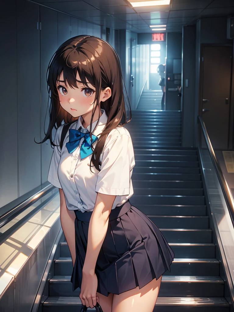 master piece, extremely detailed, high resolution,Makoto Shinkai style、high school girl、1 girl、Upper body only、Short-sleeved shirt、Blue bow tie、Glossy, plump lips、Shiny Hair、Brown Hair、Long Straight Hair、Mid-chest、Narrow waist、Checkered mini skirt、Climbing an escalator、Backwards、Looking up from below、Skirt is held back、Panties are visible under the skirt、Embarrassed look、Looking at me shyly、Red cheeks、