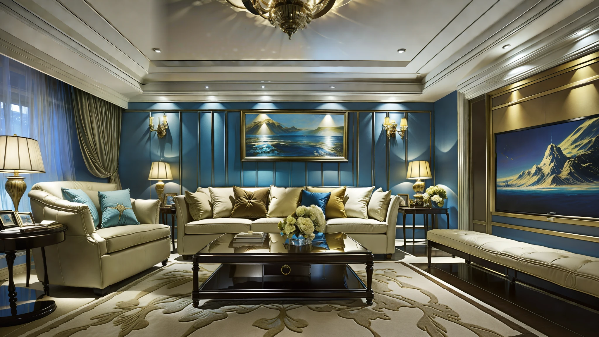 The living room is warm and comfortable。In a spacious space，Soft lighting adorns the room。The sofa is soft and comfortable，The cushions are piled with bright colors。An abstract painting hangs on the wall，It adds a touch of art to the room。on a coffee table，A bouquet of flowers adorns the room，Exudes a charming fragrance。The curtains flutter gently，A gentle breeze caressed his cheek，Bring a touch of freshness。In the corner，The shelves are neatly stocked with various books，Add a touch of wisdom to the room。On the speaker in the corner，Place high-quality stereo sound，Soft music wafted through the room。Central living room，Huge TV screens become the focal point，Bring fun to the movie。This living room is a paradise for people to relax，Feel the warmth and tranquility of home。（Overall blue tones：1.3）