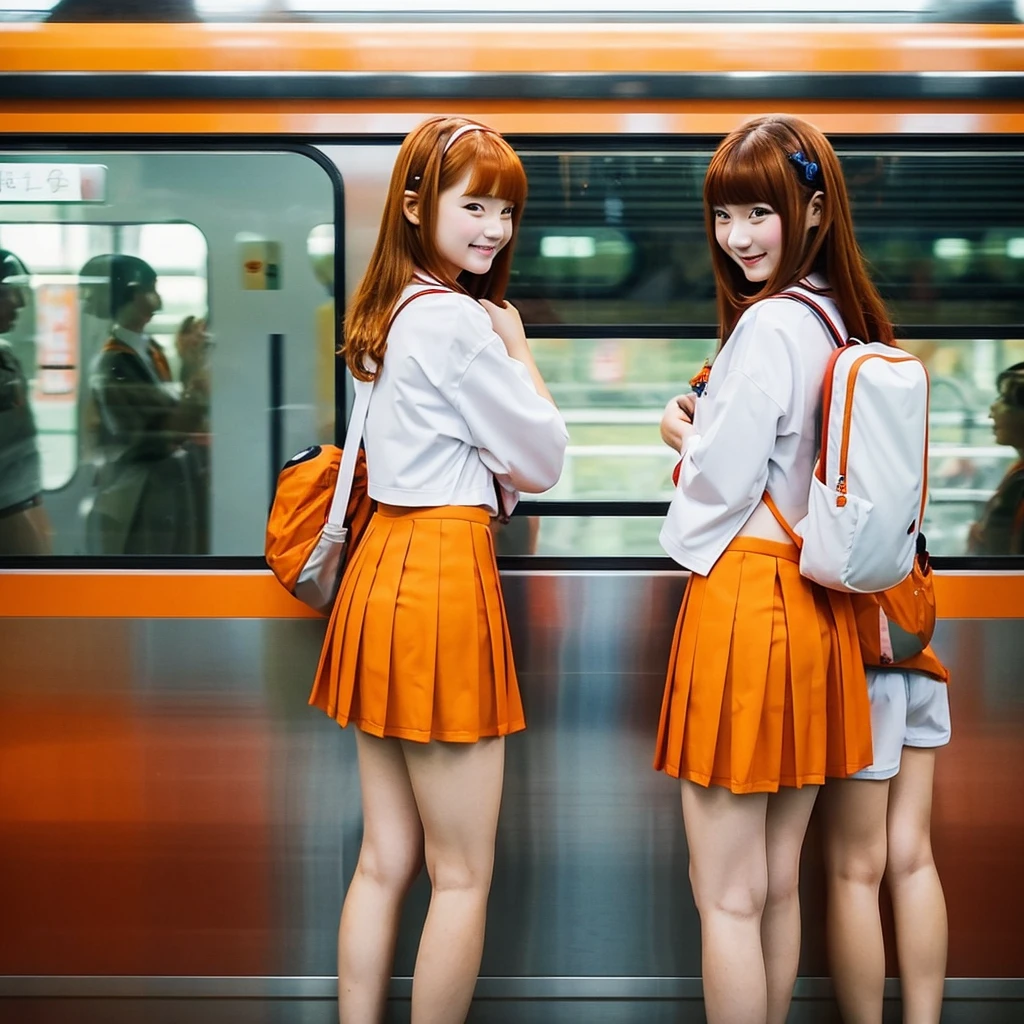 Two cute young school girls standing flirting, redhaired 15 year old girl and 13 year old orange haired girl inside of a japanese train. Wearing bikini with the colors of a typical japanese uniform but is a bikini or swimsuit. View from below. Posing. Seductive. Happy.