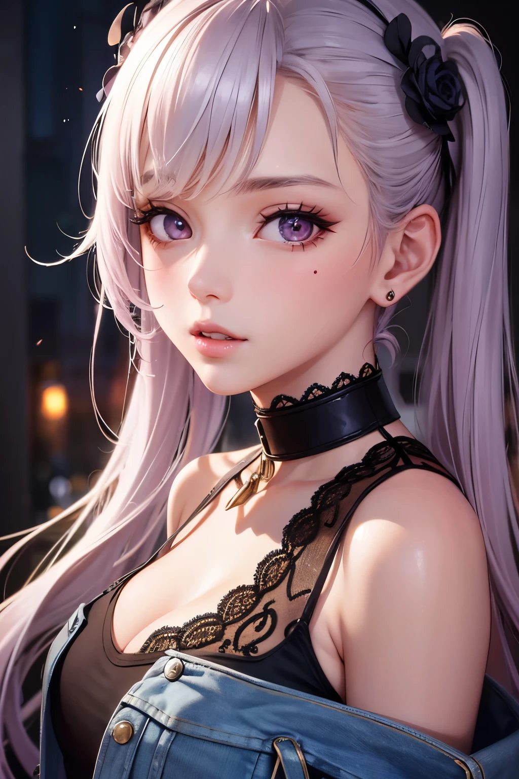 masterpiece, best quality, highly detailed, high resolution, expensive resolution, high resolution, 4K, 8k, Unity 8k wallpaper, highly detailed CG, masterpiece, 2D, 3D, beautiful details, depth, fine texture, best quality: 1.3, perfect focus, crispy skin, him, very cute, one 20-something girl, before a date with him, enjoying fashion, short twin tails, mole under eye, looking at the viewer, expensive, blush, mole, parted lips, heart, pink eyes, choker