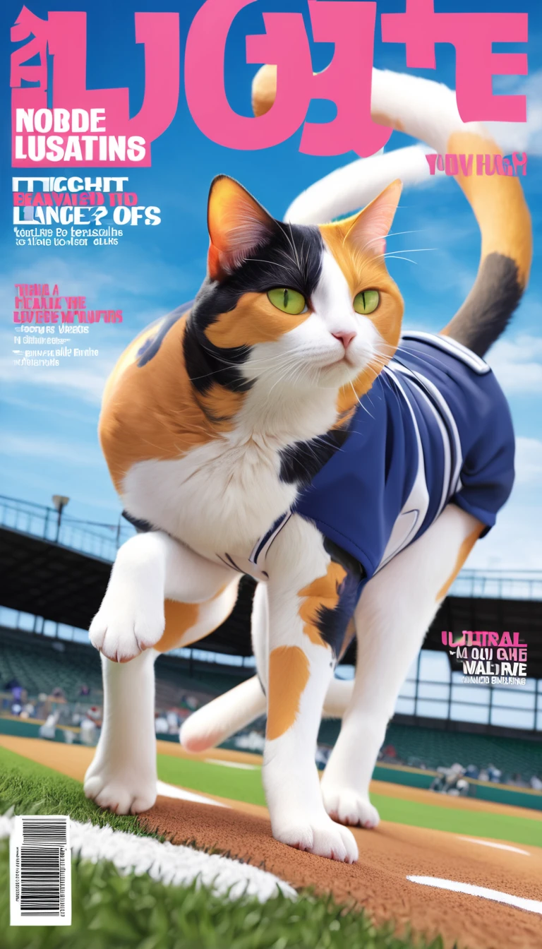 Noble calico cat,Baseball uniforms、reality,Anthropomorphic cat,2Standing on one leg facing forward、Role Settings,Ultra HD Graphics,Delicate face,8K,Magazine Cover,Baseball field background decoration,Strong color contrast,bright,green,