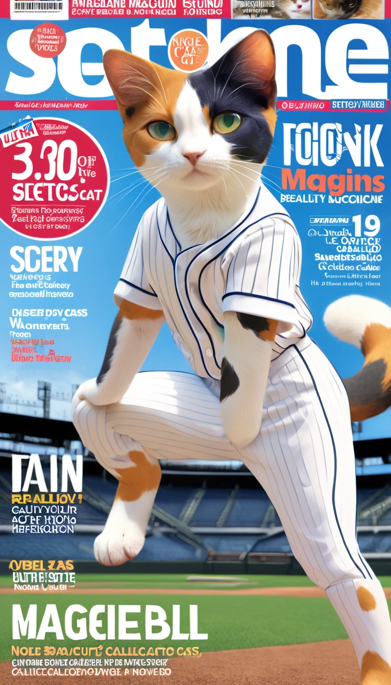 Noble calico cat,Baseball uniforms、reality,Anthropomorphic cat,2Standing on one leg facing forward、Role Settings,Ultra HD Graphics,Delicate face,8K,Magazine Cover,Baseball field background decoration,Strong color contrast,bright,green,
