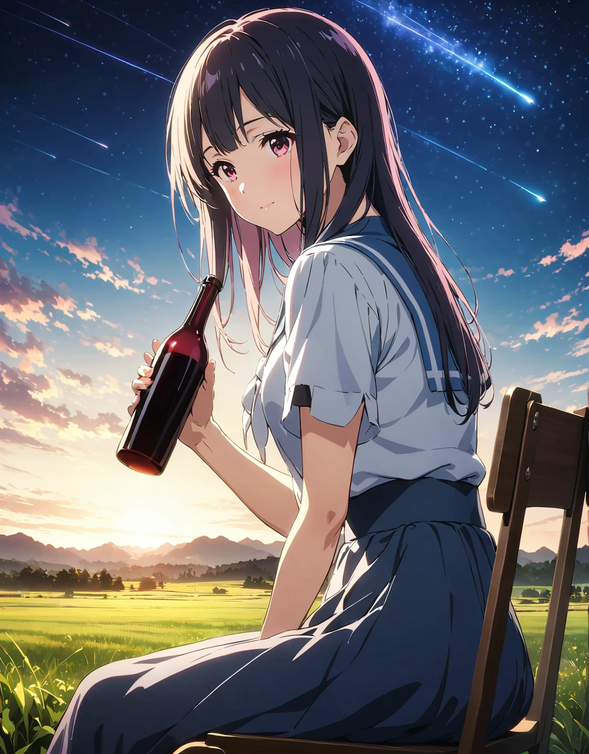 Very delicate and beautiful,非常にdetailed,CG,Unity,8k wallpaper,wonderful,detailed,masterpiece,The best quality in the best condition,Official Art,非常にdetailed CG 8k Unbelievably ridiculous resolution,Beautiful and exquisite,High resolution,非常にdetailedな目と顔,Night Sky.shooting star,grassland,Sitting on a chair、Holding a bottle of wine