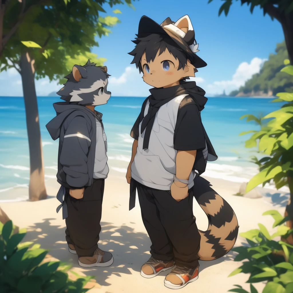 author：jrjresq, author：kirito, Libido boy, furry raccoon, Fursona raccoon , Black and grey hair, Very good figure, Handsome, adolable, Light：Hazy light and shadow, Reflective skin, Reddish skin, worn-out clothing，Commoner, beachside，standing on the rock，sandbeach，solo person，solo，1doy, Outdoor sunset, the detail, depth of fields, Libido boy