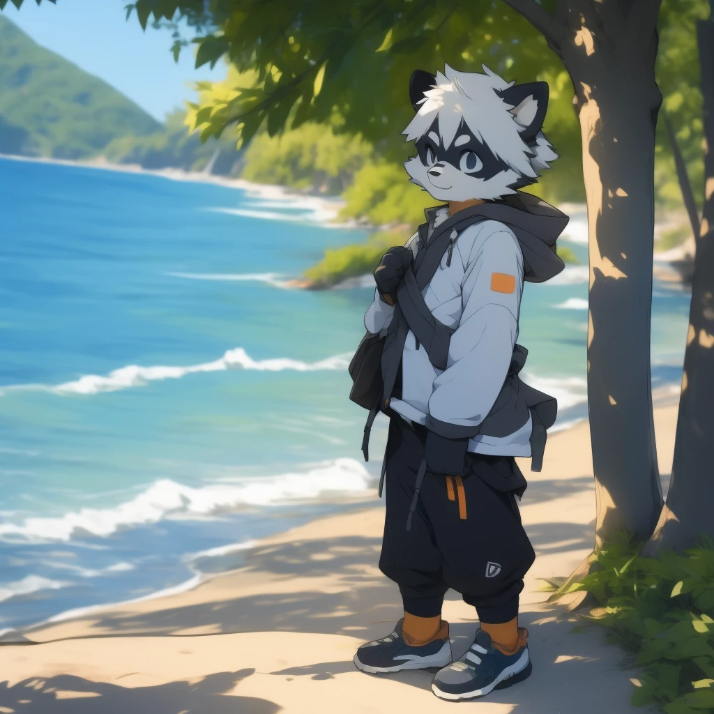 author：jrjresq, author：kirito, Libido boy, furry raccoon, Fursona raccoon , Black and grey hair, Very good figure, Handsome, adolable, Light：Hazy light and shadow, Reflective skin, Reddish skin, worn-out clothing，Commoner, beachside，standing on the rock，sandbeach，solo person，solo，1doy, Outdoor sunset, the detail, depth of fields, Libido boy