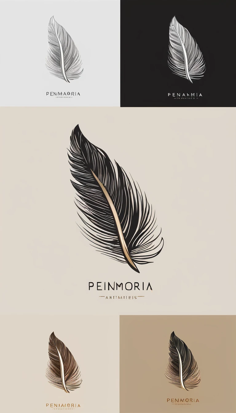 A minimal, modern, simple, cinematic logo design for the brand “Penamemoria". Create a modern, minimalistic, high-quality, logo of a bird feather