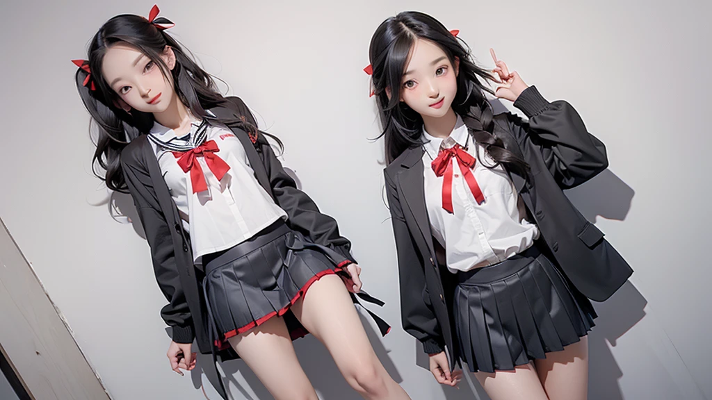 (expensive , Pleated mini skirt:1.3), ((High School Uniform)),ribbon、 17 years old, Two Girls, Twin tail hairstyle,Cute eyes、4K,8K,