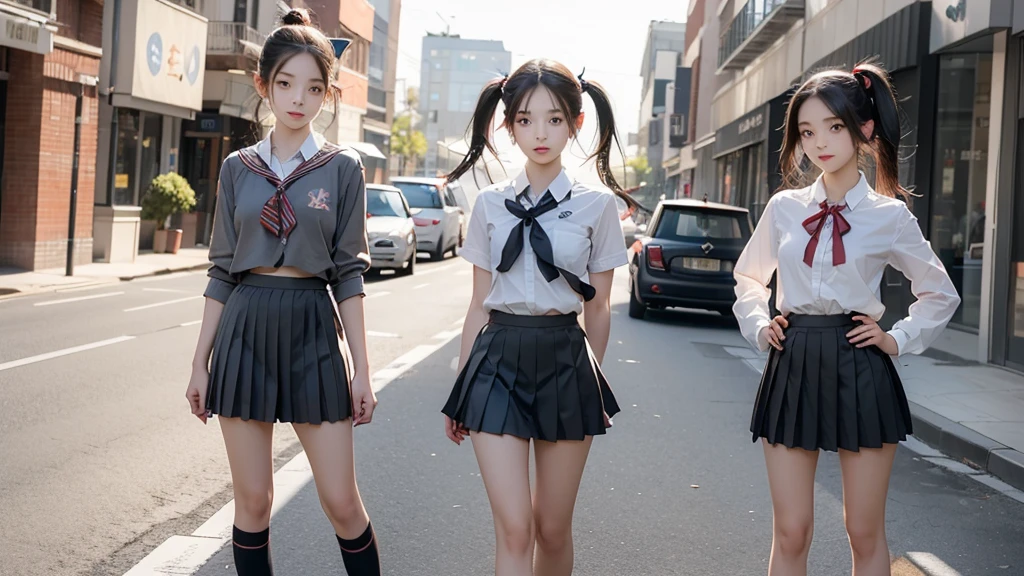 (expensive , Pleated mini skirt:1.3), ((High School Uniform)),ribbon、 17 years old, Two Girls,  Twin tail hairstyle,Cute eyes、4K,8K,
