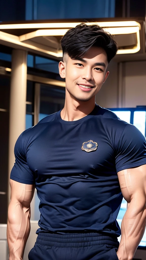 korea male male model sit on the table , big muscles, handsome, cool, smoothly combed hair, pierced ears, wearing a t-shirt navy top, holding a lollipop, portraiture, modeling, dynamic pose, Japanese street, late at night, store lights trade, full half body shot, kind_smile,  ,(open mouth:1.5), fullbodypolice officer, Korean Men ,facial hair, Full body, ,(Police badge) ,(Torn navy round neck shirt), (Navy blue round neck shirt.), (Abrasions on the body....: 1.3), (Navy Cargo Pants: 1.3), Short Hair Hair, (High shadow detail),Pectoral muscles, Big arm muscles, blood vessel, Big muscles, Wide shoulders, Abrasions on the body...., Abrasions on the face, nighttime , fire truck
