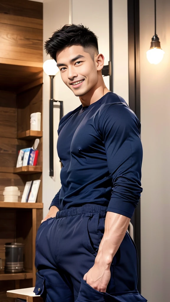 korea male male model sit on the table , big muscles, handsome, cool, smoothly combed hair, pierced ears, wearing a t-shirt navy top, holding a lollipop, portraiture, modeling, dynamic pose, Japanese street, late at night, store lights trade, full half body shot, kind_smile, ,(open mouth:1.5), fullbodypolice officer, Korean Men ,facial hair, Full body, ,(Police badge) ,(Torn navy round neck shirt), (Navy blue round neck shirt.), (Abrasions on the body....: 1.3), (Navy Cargo Pants: 1.3), Short Hair Hair, (High shadow detail),Pectoral muscles, Big arm muscles, blood vessel, Big muscles, Wide shoulders, Abrasions on the body...., Abrasions on the face, nighttime , fire truck