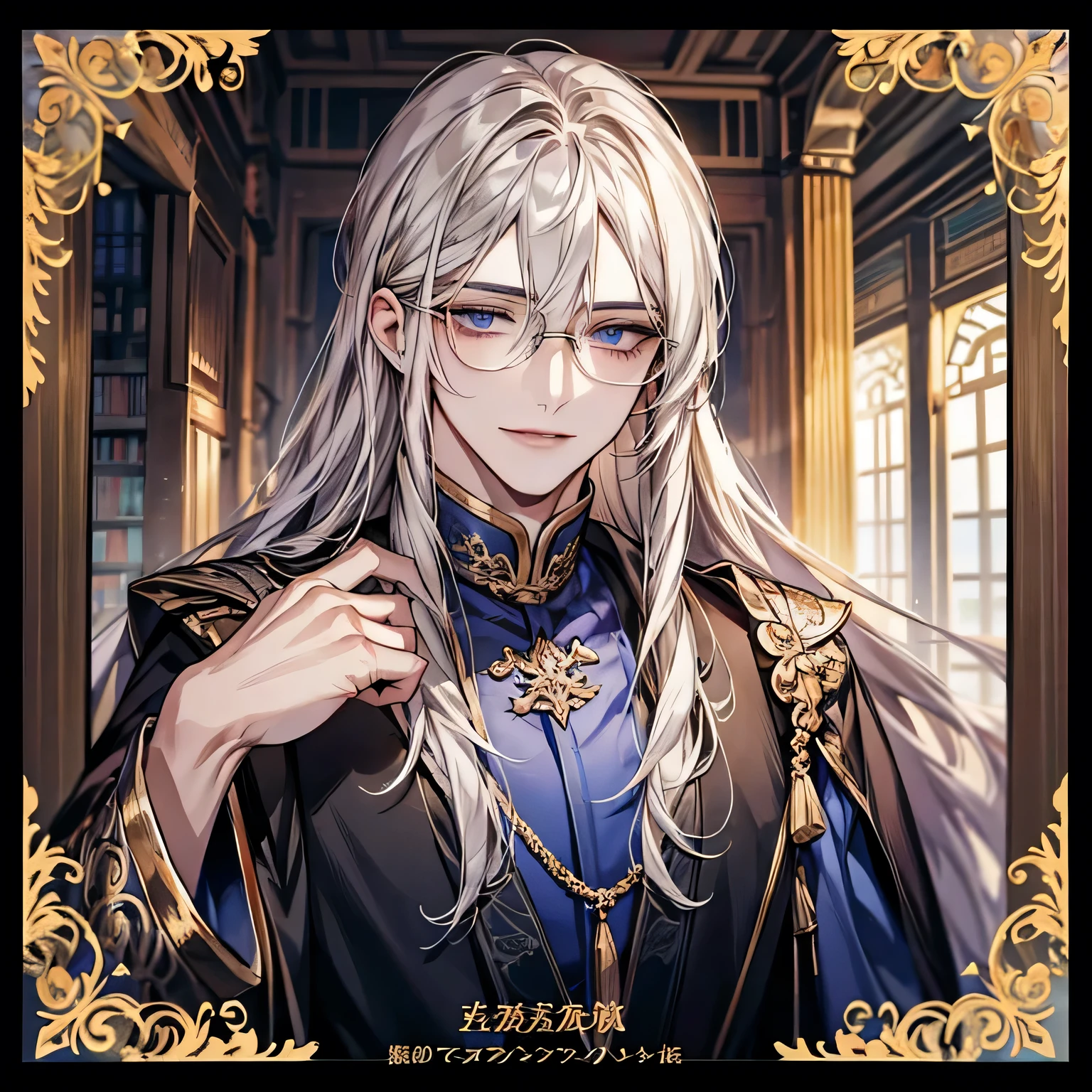 male，Golden long hair，Look to the lower left corner，Lips pursed smile，Best qualities of blue eyes,,{long hair}，Straight Hair，{High resolution}{gentle face}，student，Gold-framed glasses，blue pupils(Sharp eye 光),(((Adult male))),Face clarity，The white of the eye is distinct，Five fingers，study，library，Scholar，Elegant temperament，Adult male，man，Book in hand