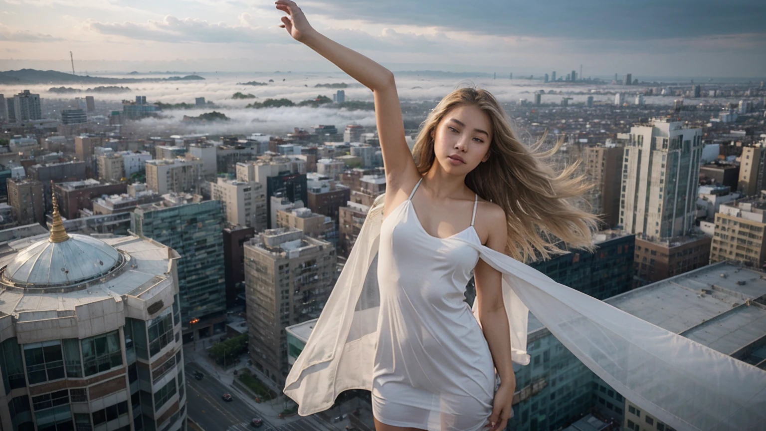 The evening sky is adorned with a young woman of Thai and Chinese descent, her long, beautiful blonde hair exuding charm. She floats high above the city with a posture full of energy, one arm extended forward while the other stretches back, poised for action in mid- air. She wears a simple yet elegant white slip dress that emphasizes her beauty and purity. Her magnificent white wings, symbolizing ethereal beauty, spread wide above her worldly form. Her expression reveals determination and focus, driven by unseen goals or aspirations for the future.\n\nThe color palette is warm, with golden tones surrounding her attire contrasting against the cooler hues of the city below. This creates a captivating effect, drawing the viewer's gaze towards her figure. The atmosphere is grand and expansive, evoking a sense of adventure and risk due to her elevated position in the sky. Buildings obscured by light mist fade beneath her, hinting at a vast urban landscape. The perspective is slightly above and behind her, looking down towards the distant streets below.