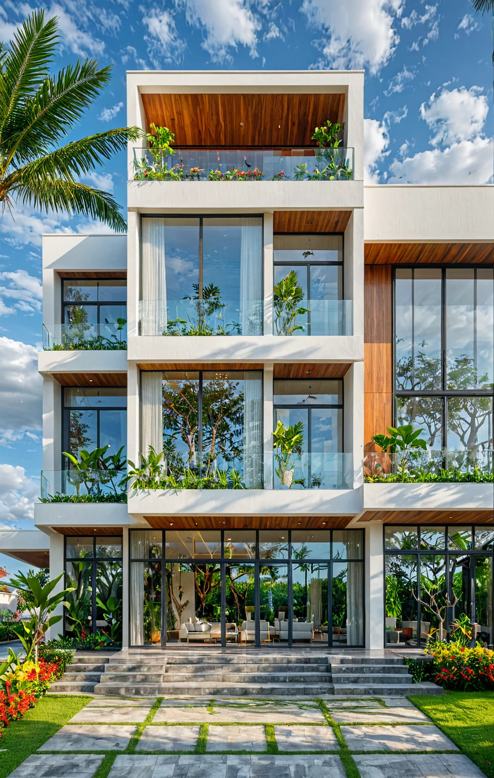 modern villa on street, (overcast lighting:1.2), tropical tree, vivid color, curve wall, streetcapes, nice sky, grey and wwhite tone, (large glass door:1.2), warm interior lighting, modern material, best quality, ultra realistic, masterpiece, 17ArchiAI_XL_VL-v1
