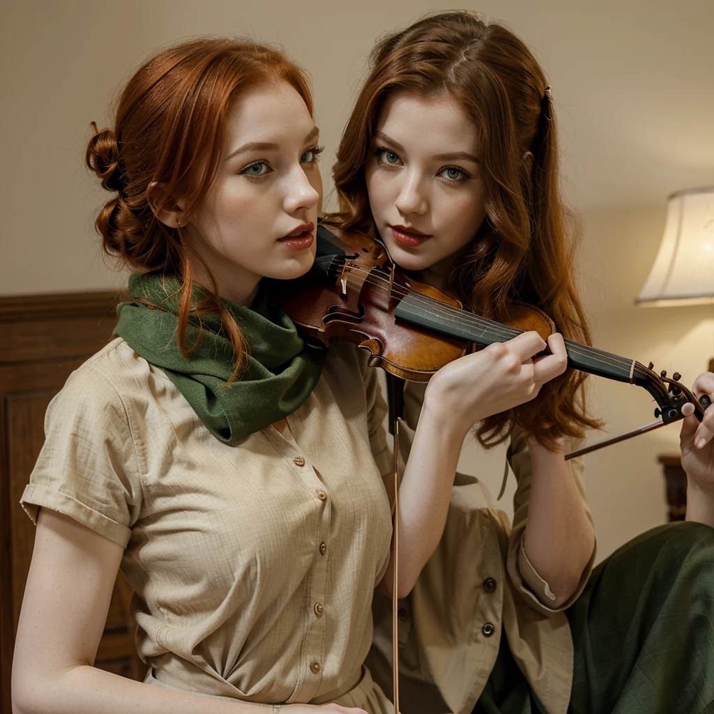 Girl, redhead, pale skin, red lips, moderate fox-eye-makeup, green eyes, hair is bonded in a bun, playing Violin, dressed in rather old clothes (beige shirt with a fly), a green, thin scarf, a long, black, skirt. Moderate tits and big ass.