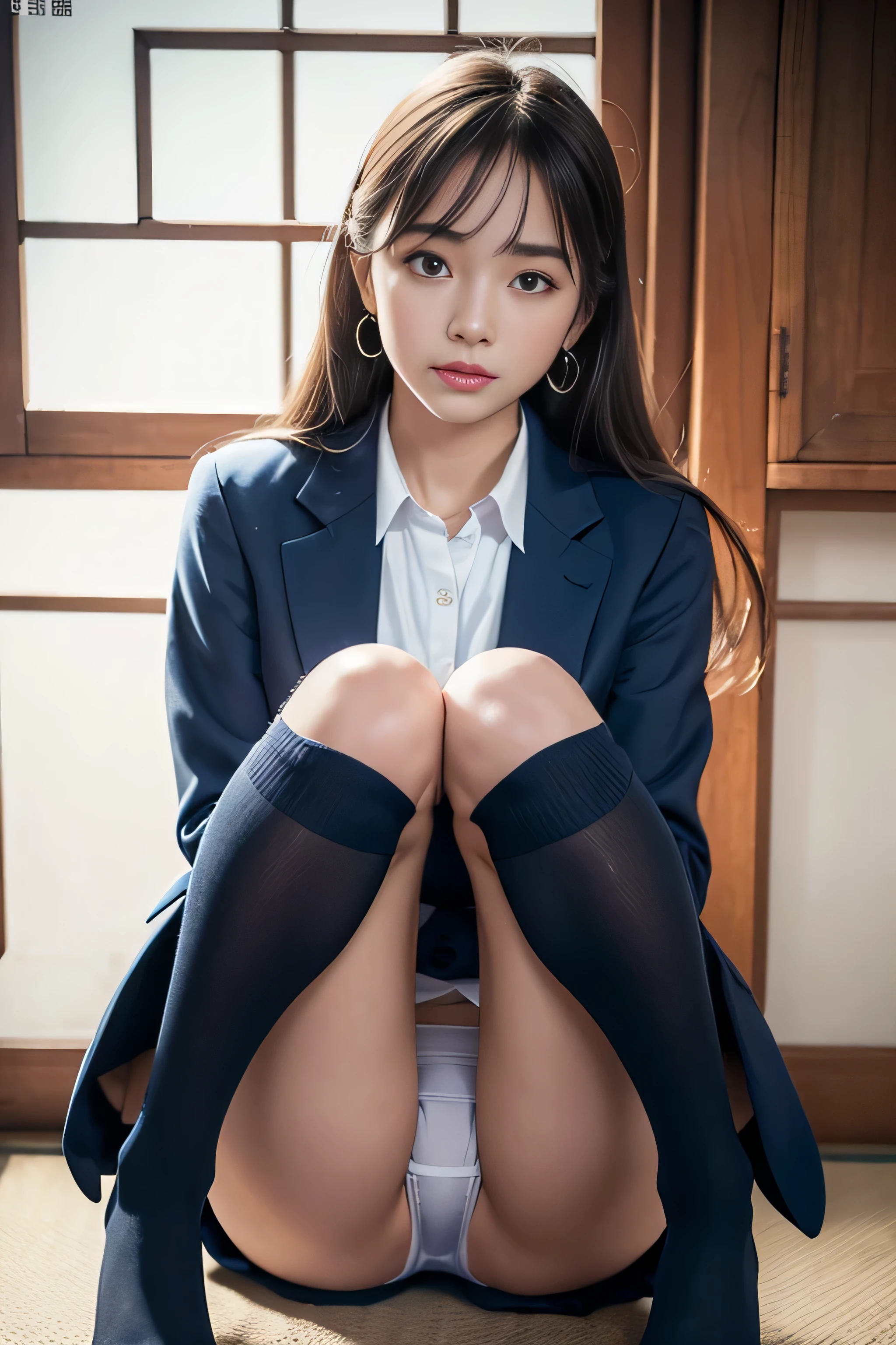 Dark blue high socks Magic Mix Real、(Raw photo:1.2)、(Photorealistic:1.4)、The beauty of beautiful details Delicate expression、Blonde、((panties are visible))(Squatting panchira)Earrings Sneak peek at the details、Large file size、Ultra-detailed、High resolution、Transcendental beauty Highest quality、masterpiece、、(Japanese high school girls uniform))、Extremely detailed representation grow、In detail、Highly detailed facial cinematic lighting、、Positive、((Dynamic Pose)))、(Sit with your knees bent))、blazer、Sexy upward glance、panties、Strong bite、White pants words、