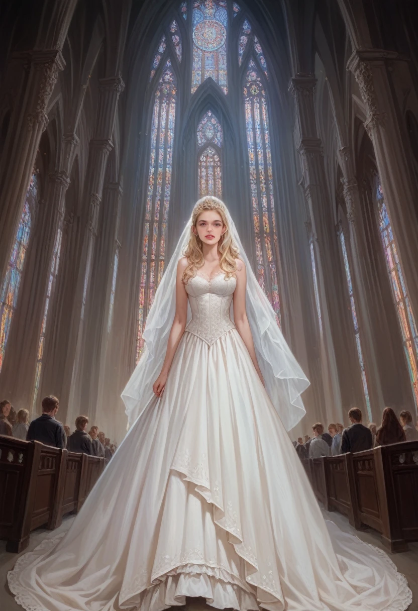 close uphyperrealistic art cinematic film still lower angle photography in the style of detailed hyperrealism photoshoot . (beautiful wedding dress walking towards down aisle) Extremely high-resolution details, photographic, realism pushed to extreme, fine texture, incredibly, very tall blonde woman in cathedral