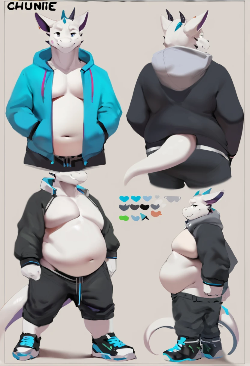 Dragon,male,solo,anthro,chubby,plump,Fetis Belly,,doujin(Rev Sheet, front,side,back), cyberpunk street outfit,Hoodie,short pant,shoes,white blank background,by chunie, by quanjiang