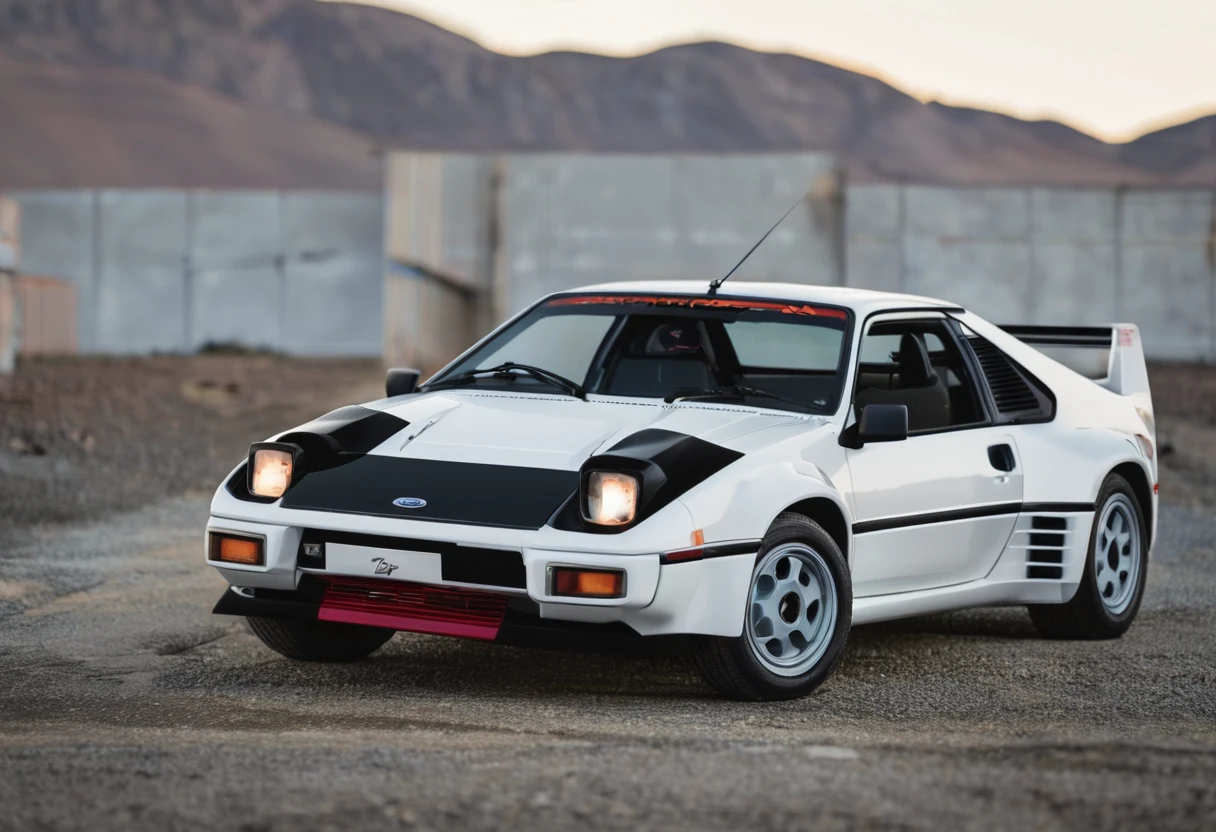 A white 1986 Ford RS200 sports car is parked on the road 66, its sleek design and pop-up headlight standing out against the gravel. The car's black roof and red interior add a pop of color to the scene.