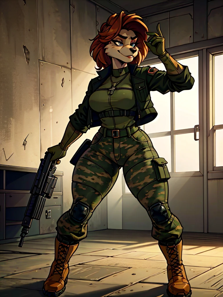 a young furry woman in a camouflage jacket, tactical gloves, camouflage pants, army boots, furry, highly detailed face, beautiful detailed eyes, beautiful detailed lips, extremely detailed eyes and face, long eyelashes, photorealistic, 8k, hyperdetailed, cinematic lighting, dramatic shadows, vibrant colors, gritty military aesthetic, weathered look, grunge, moody atmosphere