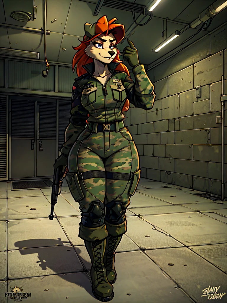 a young furry woman in a camouflage jacket, tactical gloves, camouflage pants, army boots, furry, highly detailed face, beautiful detailed eyes, beautiful detailed lips, extremely detailed eyes and face, long eyelashes, photorealistic, 8k, hyperdetailed, cinematic lighting, dramatic shadows, vibrant colors, gritty military aesthetic, weathered look, grunge, moody atmosphere