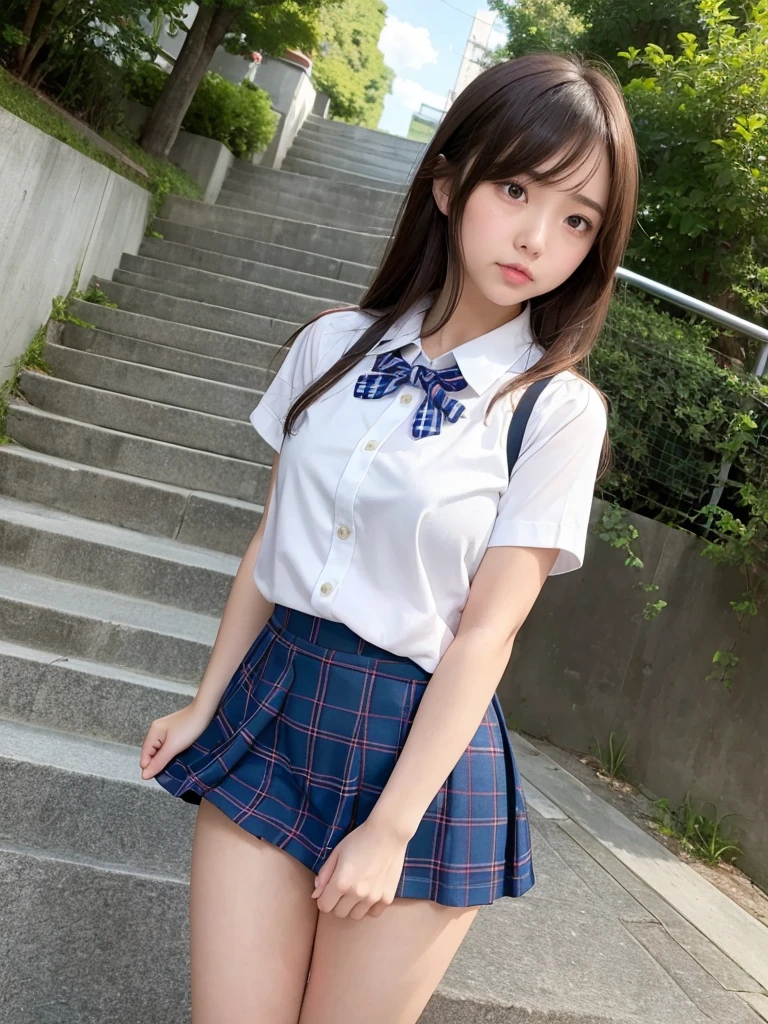 master piece, extremely detailed, high resolution,Makoto Shinkai style、high school girl、1 girl、Upper body only、Short-sleeved shirt、Blue bow tie、Glossy, plump lips、Shiny Hair、Brown Hair、Long Straight Hair、Mid-chest、Narrow waist、Checkered mini skirt、Climbing an escalator、Backwards、Looking up from below、Skirt is held back、Panties are visible under the skirt、Embarrassed look、Looking at me shyly、Red cheeks、