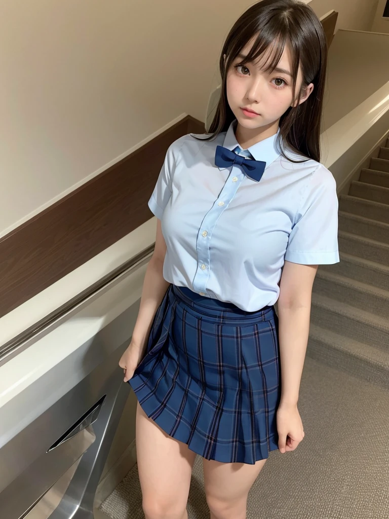 master piece, extremely detailed, high resolution,Makoto Shinkai style、high school girl、1 girl、Upper body only、Short-sleeved shirt、Blue bow tie、Glossy, plump lips、Shiny Hair、Brown Hair、Long Straight Hair、Mid-chest、Narrow waist、Checkered mini skirt、Climbing an escalator、Backwards、Looking up from below、Skirt is held back、Panties are visible under the skirt、Embarrassed look、Looking at me shyly、Red cheeks、