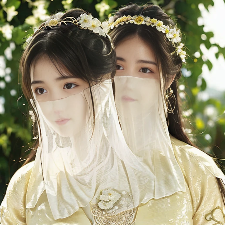 wavy hair wavy hair，Head close-up，Eyes are very delicate，ancient chinese beauties，Gorgeous lace golden white Hanfu，（（（hair accessories）））（（（veil））），necklace，（（shiny skin））a garden with many flowerasterpiece）））， （（best quality））， （（intricate details））， （（surreal））（8k）