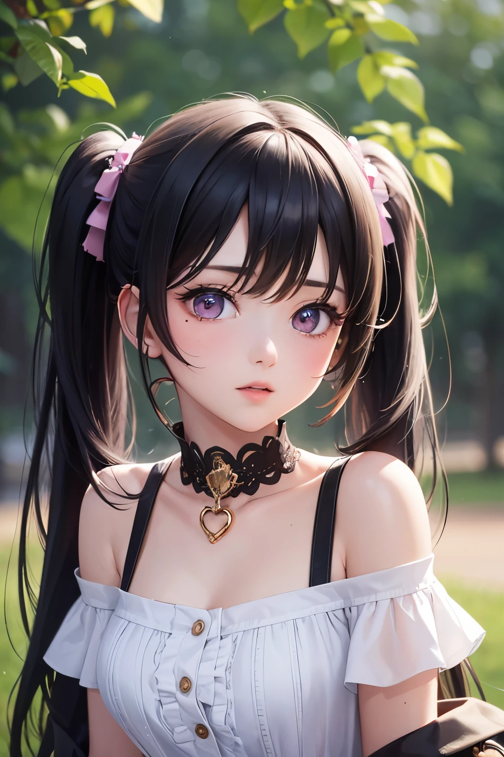 masterpiece, best quality, highly detailed, high resolution, expensive resolution, high resolution, 4K, 8k, Unity 8k wallpaper, highly detailed CG, masterpiece, 2D, 3D, beautiful details, depth, fine texture, best quality: 1.3, perfect focus, crispy skin, him, very cute, one 20-something girl, before a date with him, enjoying fashion, short twin tails, mole under eye, looking at the viewer, expensive, blush, mole, parted lips, heart, pink eyes, choker