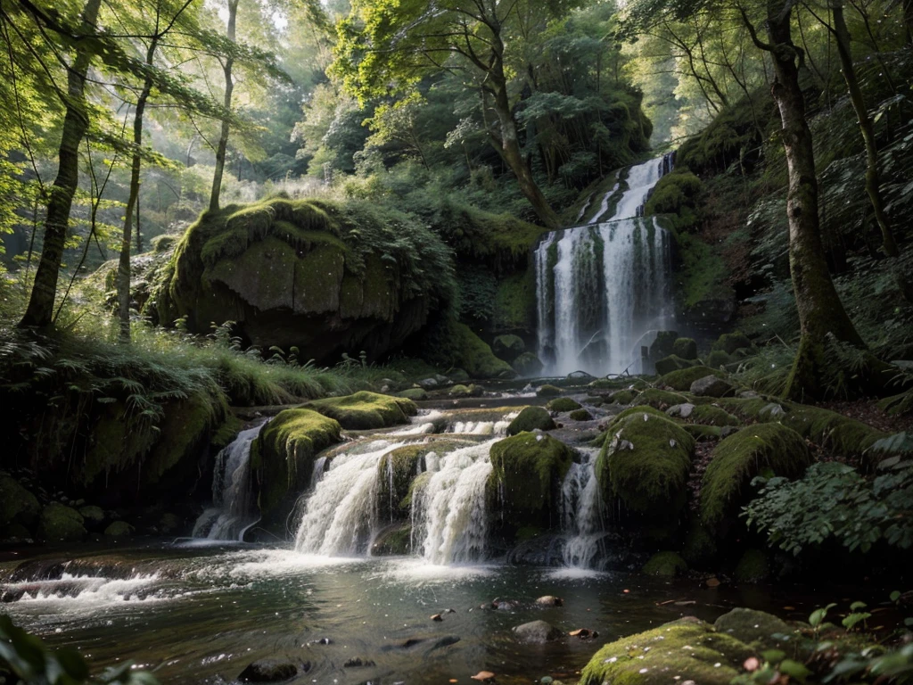 a beautiful waterfall in a lush green forest, cascading over mossy rocks, sunlight filtering through the trees, mist rising, serene atmosphere, detailed realistic landscape, (best quality,4k,8k,highres,masterpiece:1.2),ultra-detailed,(realistic,photorealistic,photo-realistic:1.37),intricate foliage,detailed textures,dramatic lighting,vibrant colors,stunning natural scenery,peaceful forest setting
