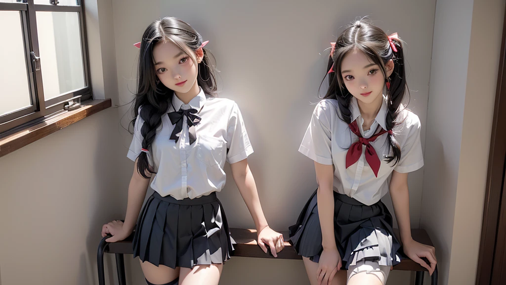 (expensive , Pleated mini skirt:1.3), ((High School Uniform)),ribbon、 17 years old, Two Girls, Twin tail hairstyle,Cute eyes、4K,8K,