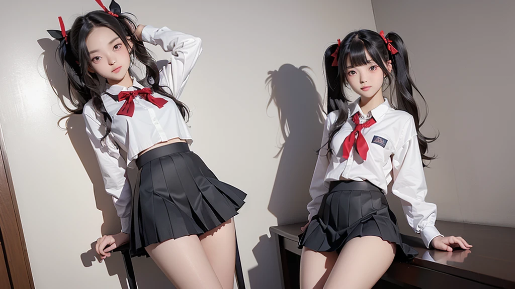 (expensive , Pleated mini skirt:1.3), ((High School Uniform)),ribbon、 , Two Girls, Twin tail hairstyle,Cute eyes、4K,8K,