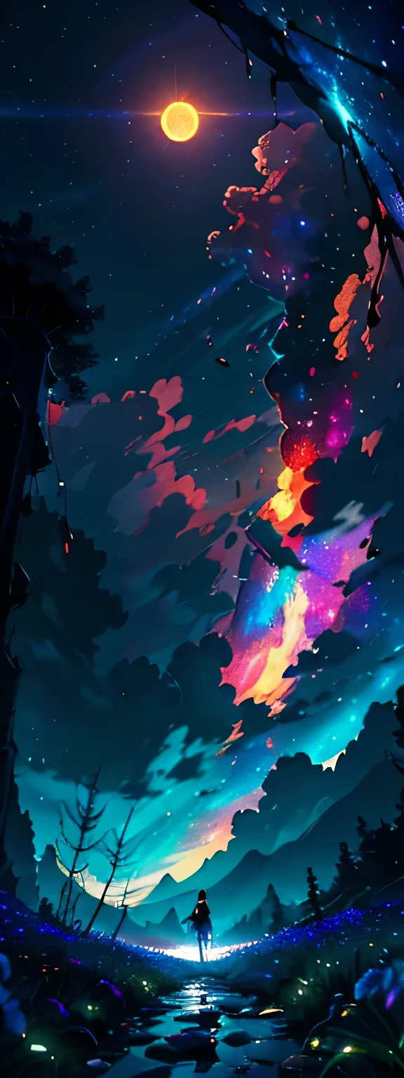 Vast landscape photography , (A view from below, with the sky above and the wide fields below), A girl standing in a flower field looking up, (full moon:1.2), ( shooting star:0.9), (nebula:1.3), Distant Mountain, Treebreak Production Art, (Warm light source:1.2), (fire Fly:1.2), lamp, Lots of purple and orange, Intricate details, Volumetric Lighting Break
(masterpiece:1.2), (Highest quality), 4K, Super detailed, (Dynamic configuration:1.4), Very detailed, Colorful details,( Rainbow colors:1.2), (Shining Lights, Atmospheric lighting), dream-like, Magic, (alone:1.2)