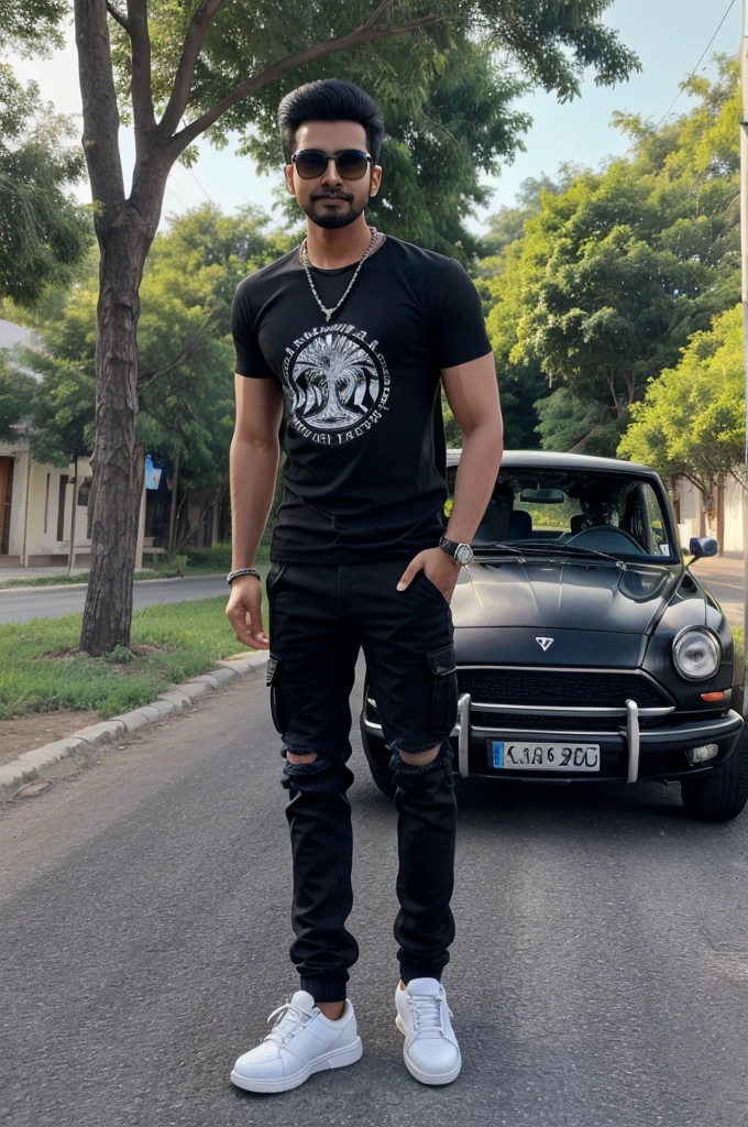 years old boy standing and beautiful road with stylish poses with black Scorpio car wearing black t shirt with blue jeans Cargo pants with name Pawan write on t shirt with white shoes . He is looking so cute indian smiling necklace with black sunglasses beautiful trees in back . High quality 4k picture full blaring background